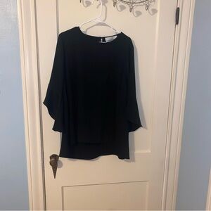 Women's Black Ruffle Sleeve Blouse - Elegant Layered Hem